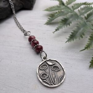 Floral Silver Poppy Flower Pendant Necklace with Red Beads